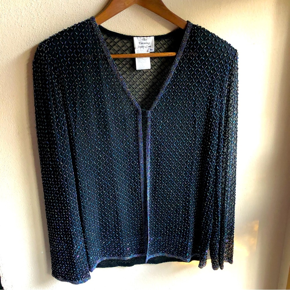 Beaded Sequined Sheer Silk Evening Jacket. Open Front V-neck. Black. Size Medium